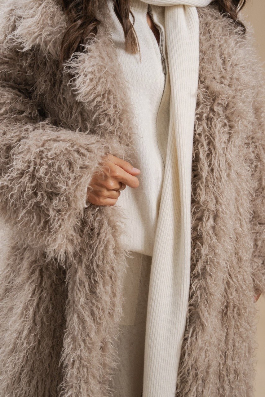 Faux Fur Coat, Long, Beige — detail — SHEVCHENKO