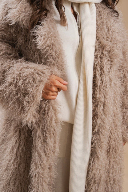 Faux Fur Coat, Long, Beige — detail — SHEVCHENKO
