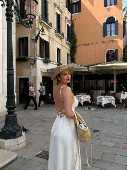 Dress with Lace-Up Back, White — back — SHEVCHENKO