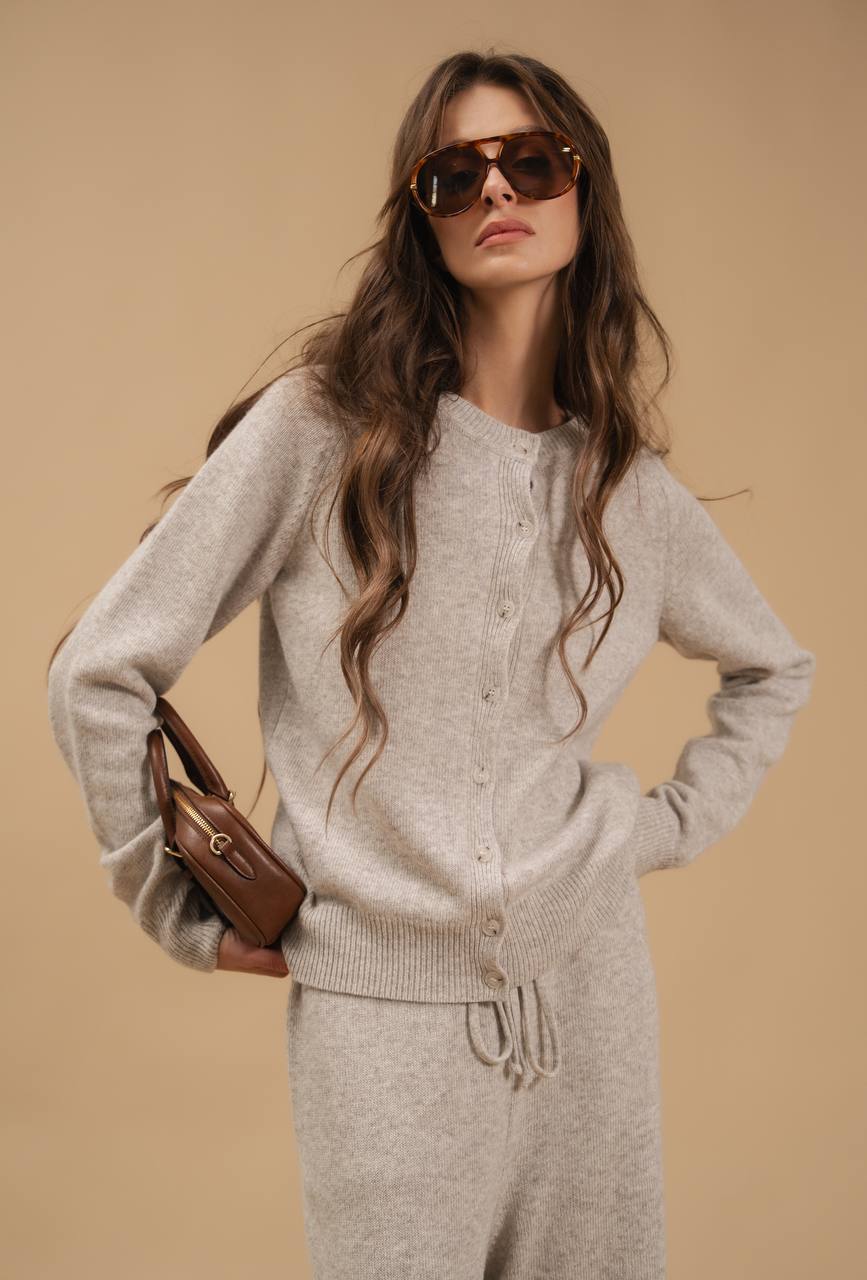 Lambswool Set: Fitted Button-Front Cardigan and Trousers