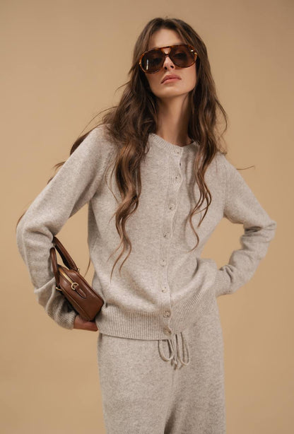 Lambswool Set: Fitted Button-Front Cardigan and Trousers