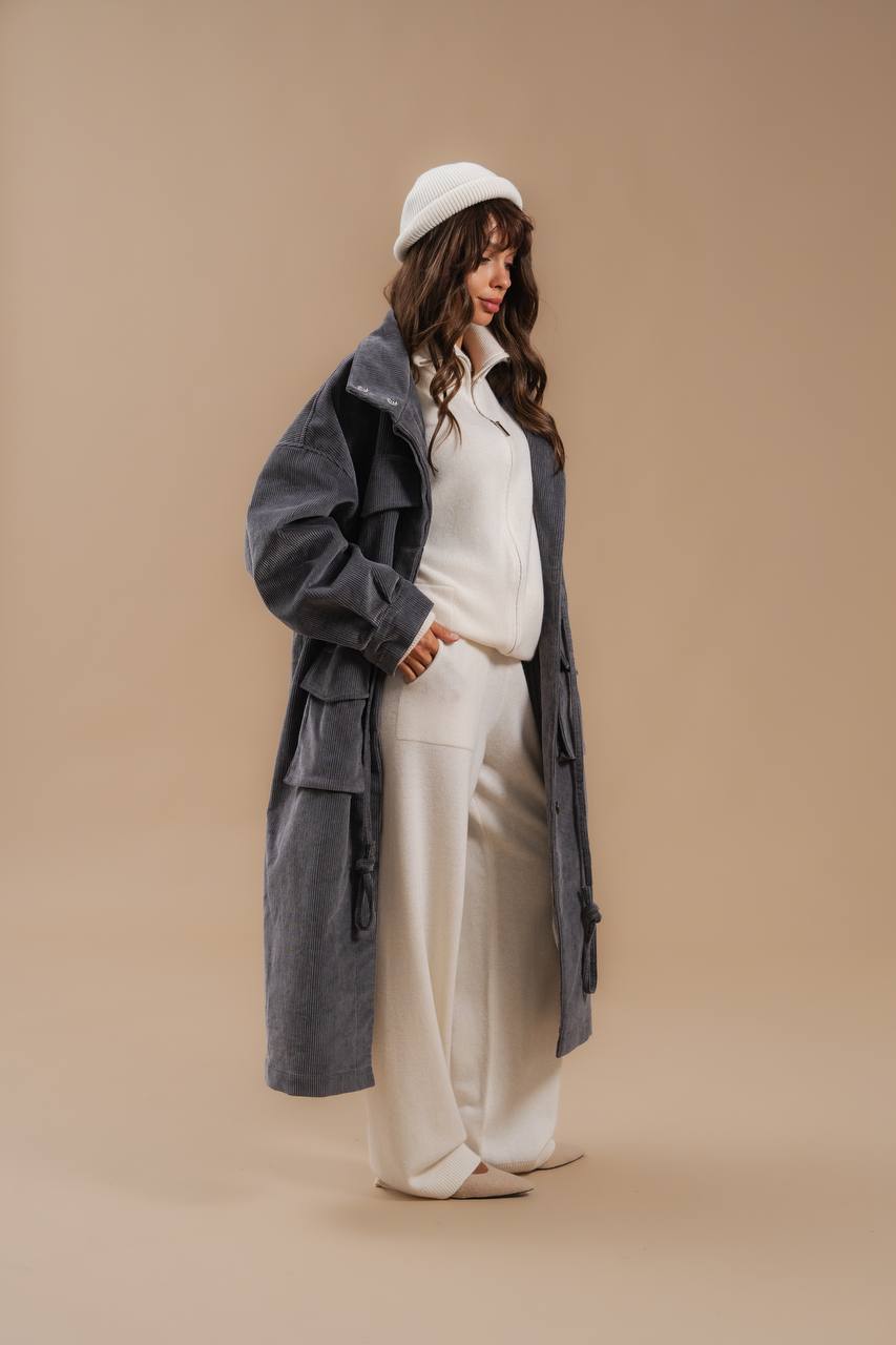 Corduroy Trench Coat, Gray — вигляд збоку — SHEVCHENKO