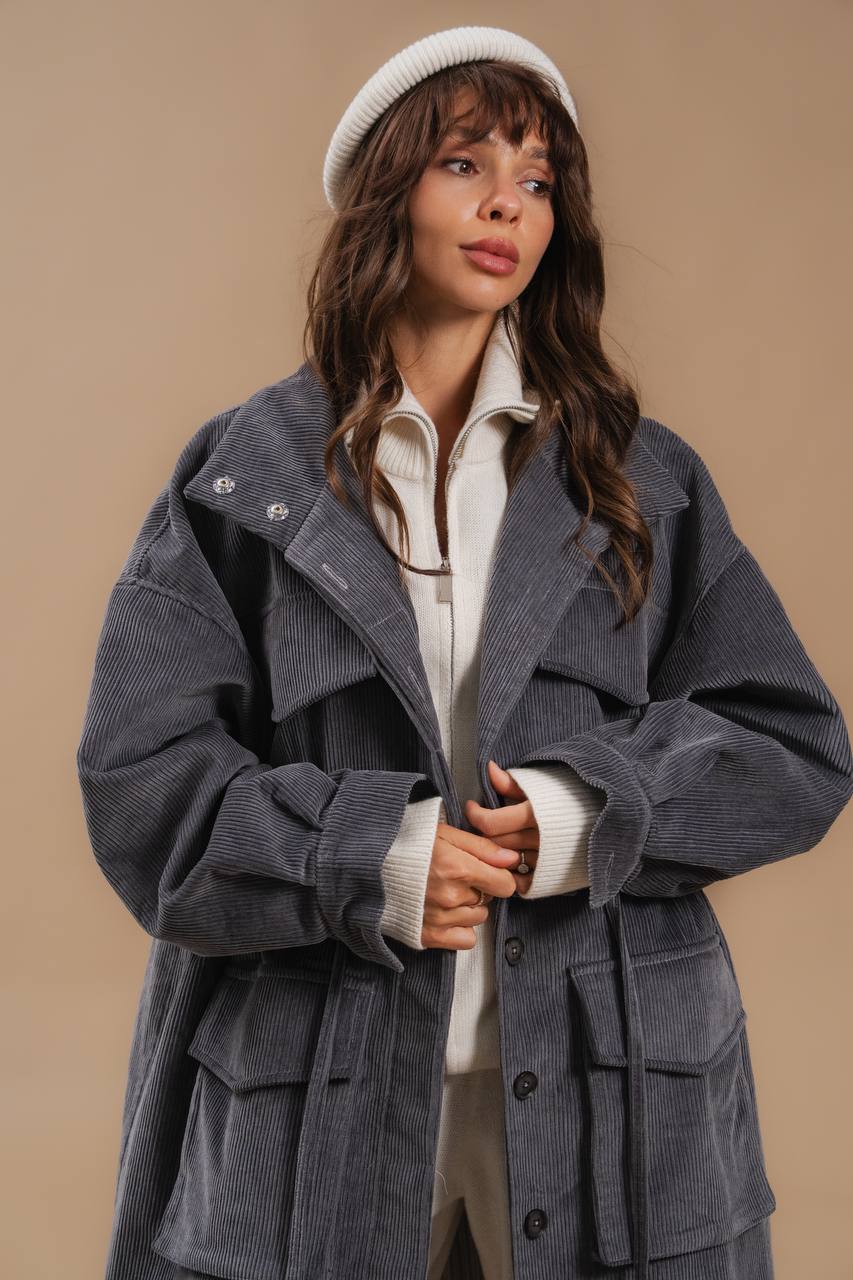 Corduroy Trench Coat, Gray — front view — SHEVCHENKO