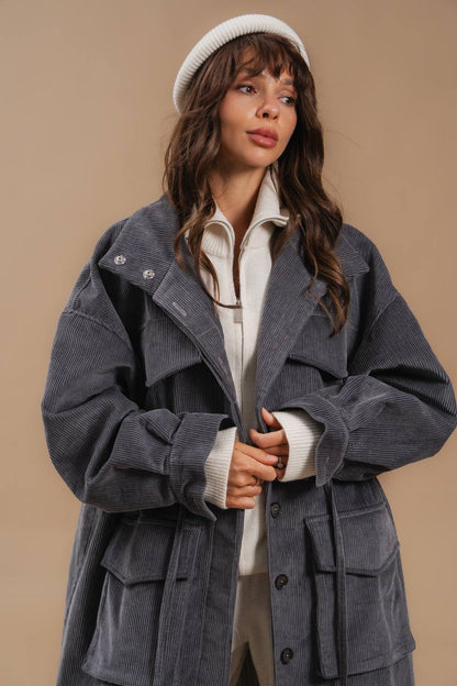 Corduroy Trench Coat, Gray — front view — SHEVCHENKO