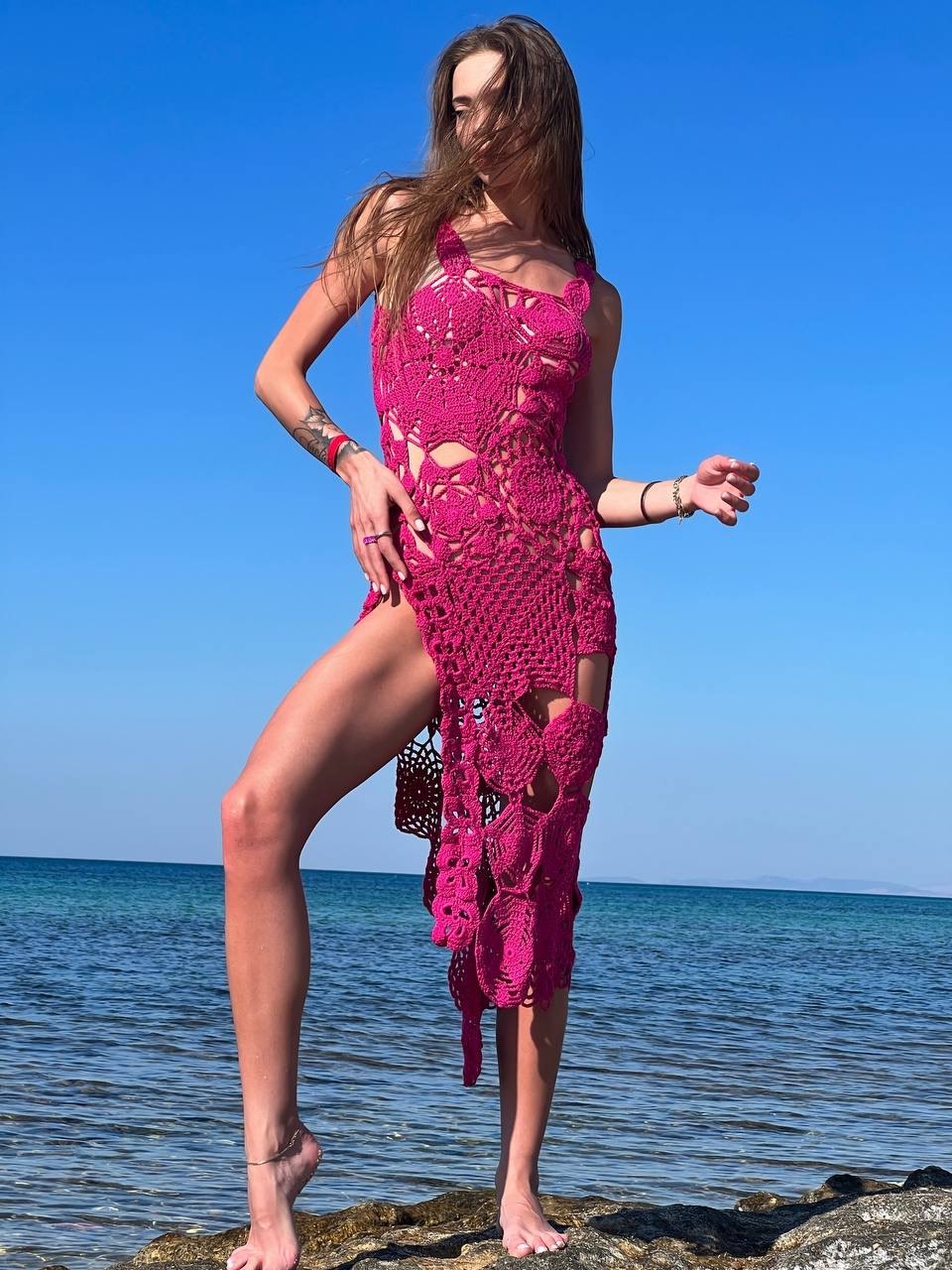 Vibrant Openwork Maxi Dress, Fuchsia — повний зріст — SHEVCHENKO