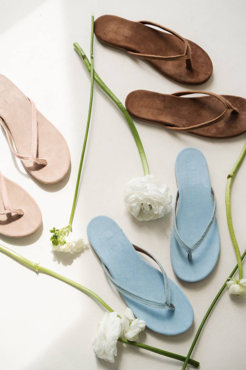 Pony-Effect Genuine Leather Slides, Light Blue — lifestyle — SHEVCHENKO