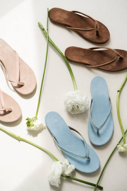 Pony-Effect Genuine Leather Slides, Light Blue — lifestyle — SHEVCHENKO
