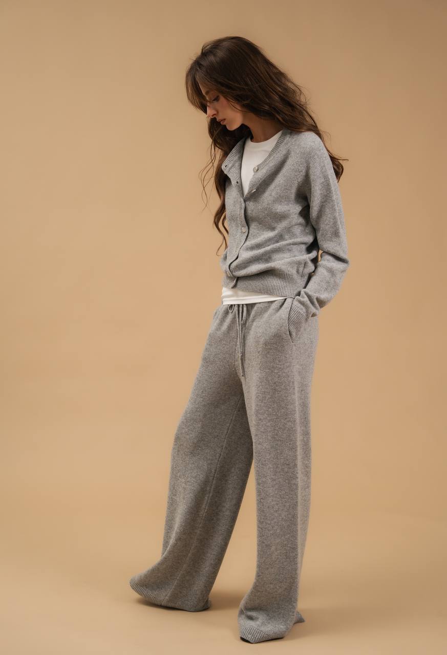 Lambswool Set: Fitted Button-Front Cardigan and Trousers