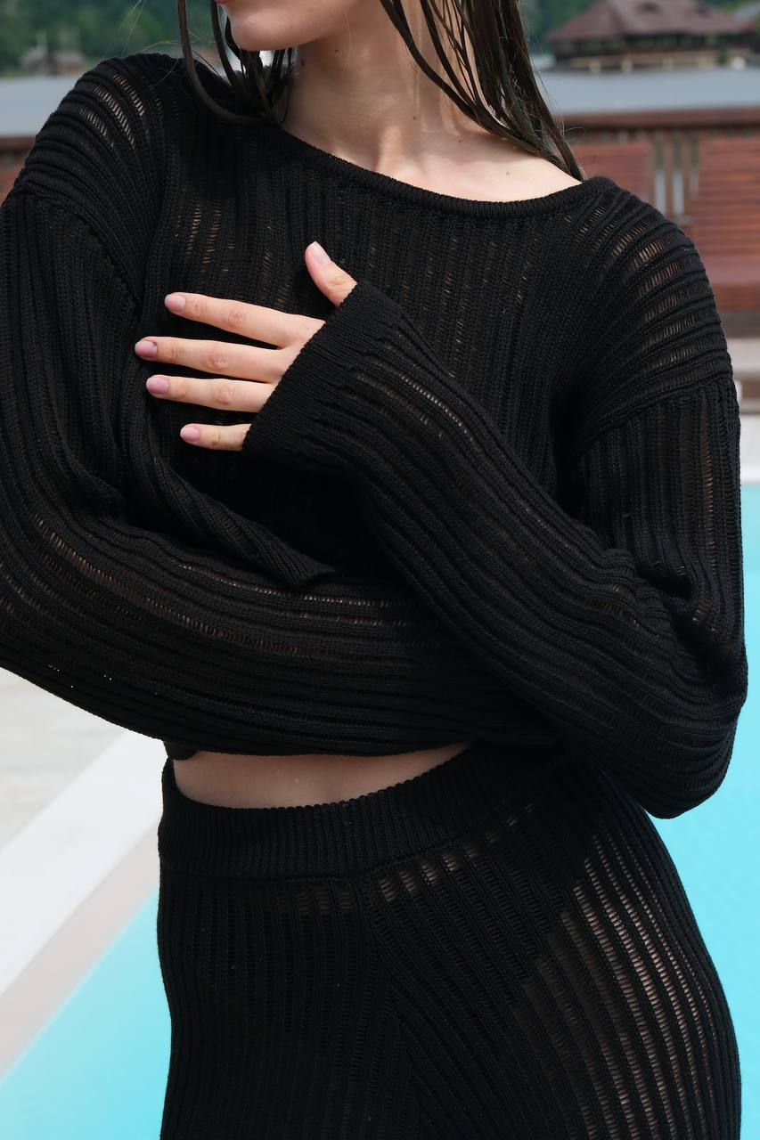 Openwork Knit Suit: Sweater and Trousers — detail — SHEVCHENKO
