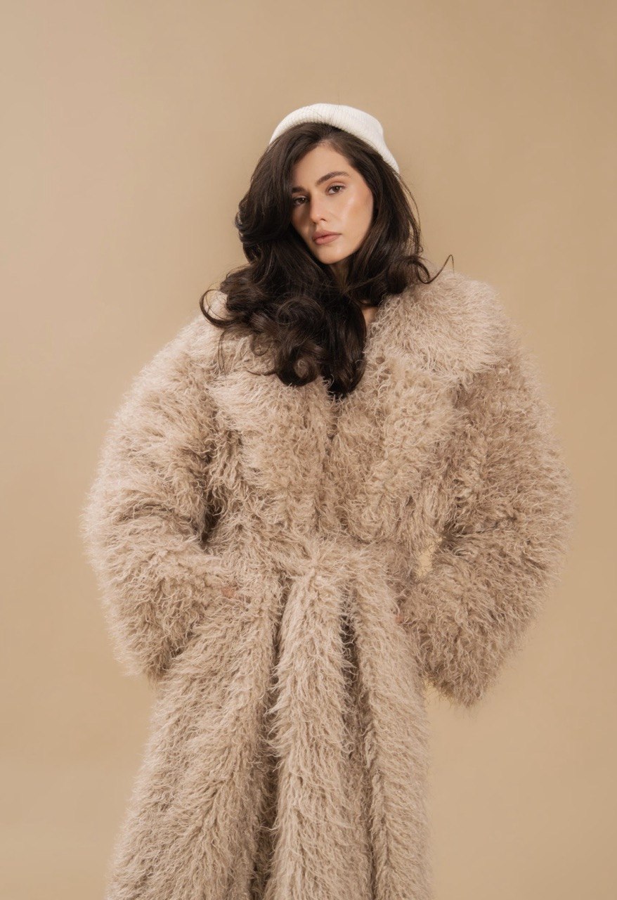 Faux Fur Coat, Long, Beige — front — SHEVCHENKO