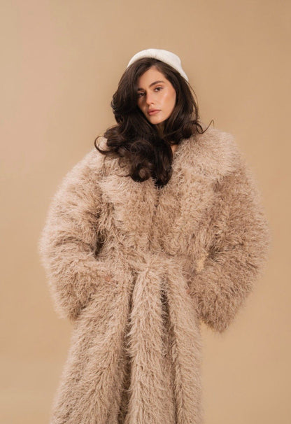 Faux Fur Coat, Long, Beige — front — SHEVCHENKO