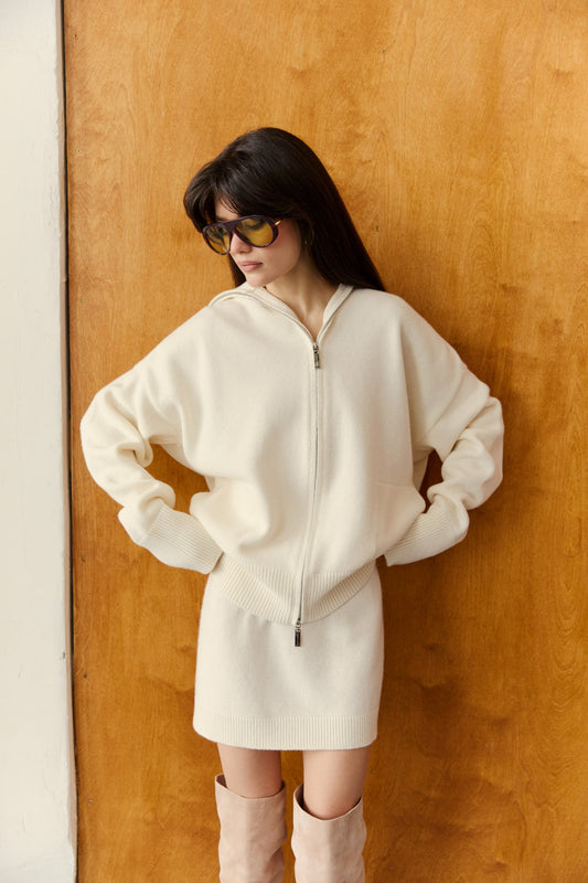Lambswool Set: Zip-Up Cardigan and Skirt, Milky