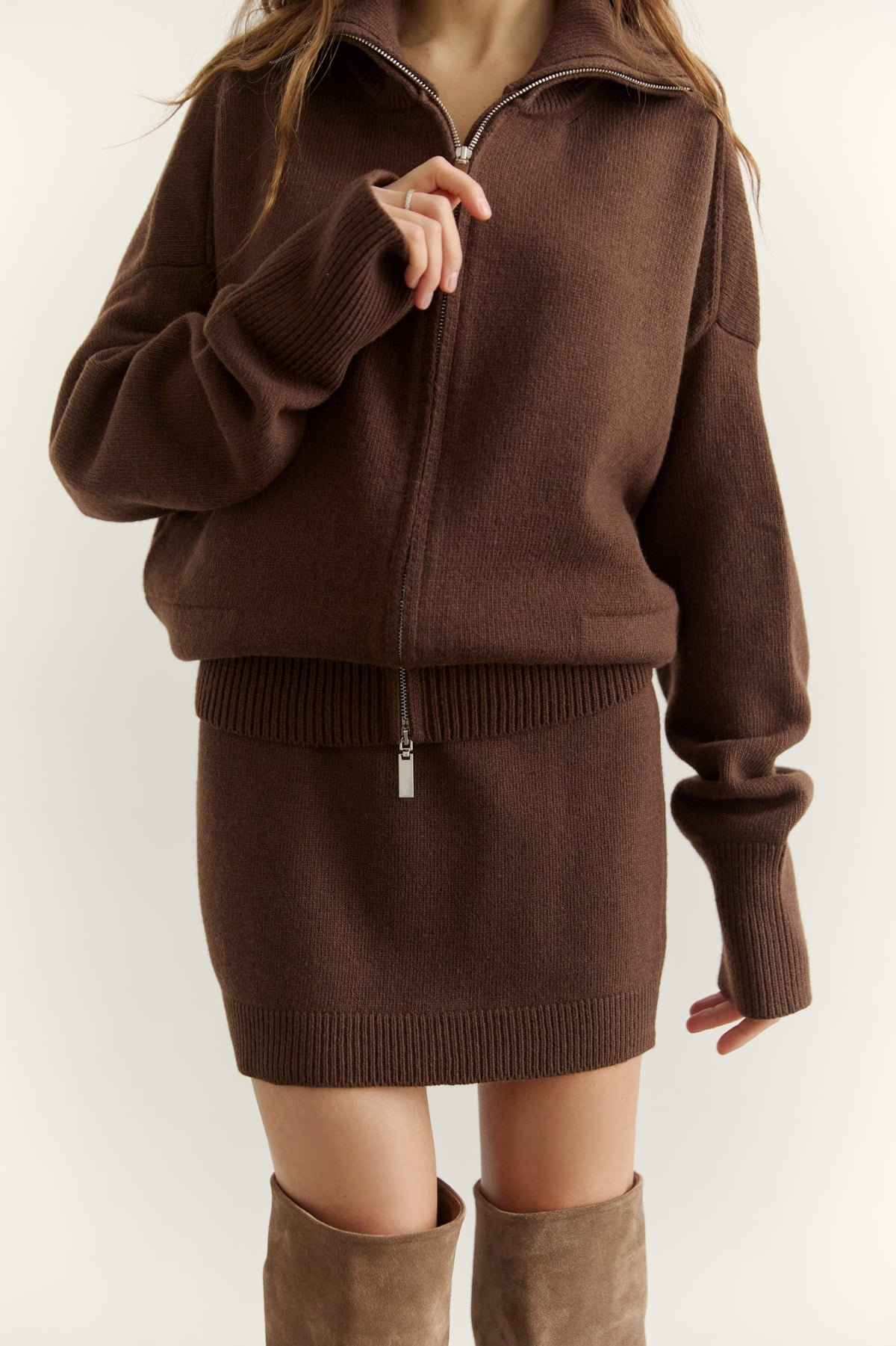 Lambswool Set: Zip-Up Cardigan and Skirt, Chocolate — set — SHEVCHENKO