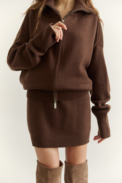 Lambswool Set: Zip-Up Cardigan and Skirt, Chocolate — set — SHEVCHENKO