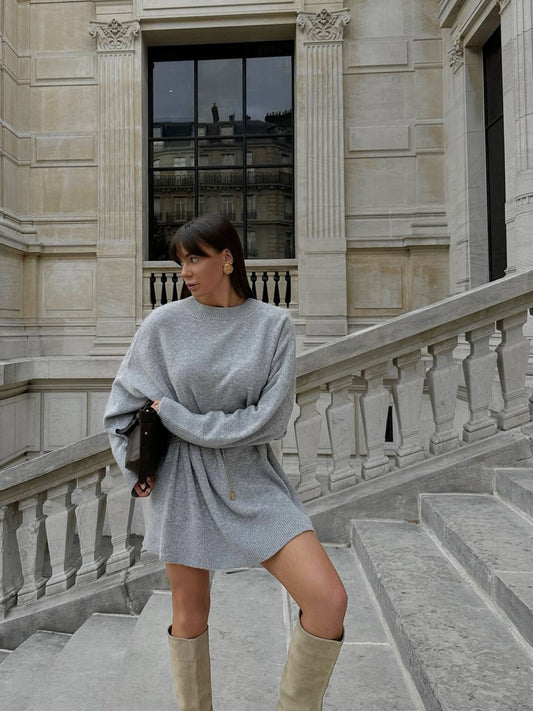 Lambswool Sweater Dress, Gray — front — SHEVCHENKO
