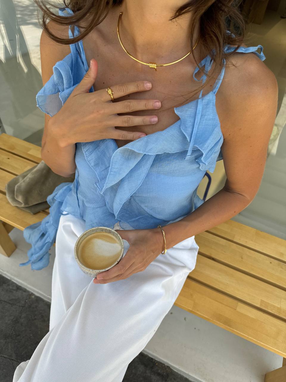 Chiffon Top with Ruffles and Flounces, Light Blue — look — SHEVCHENKO