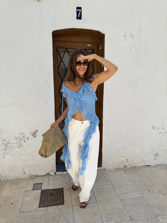 Chiffon Top with Ruffles and Flounces, Light Blue — front — SHEVCHENKO
