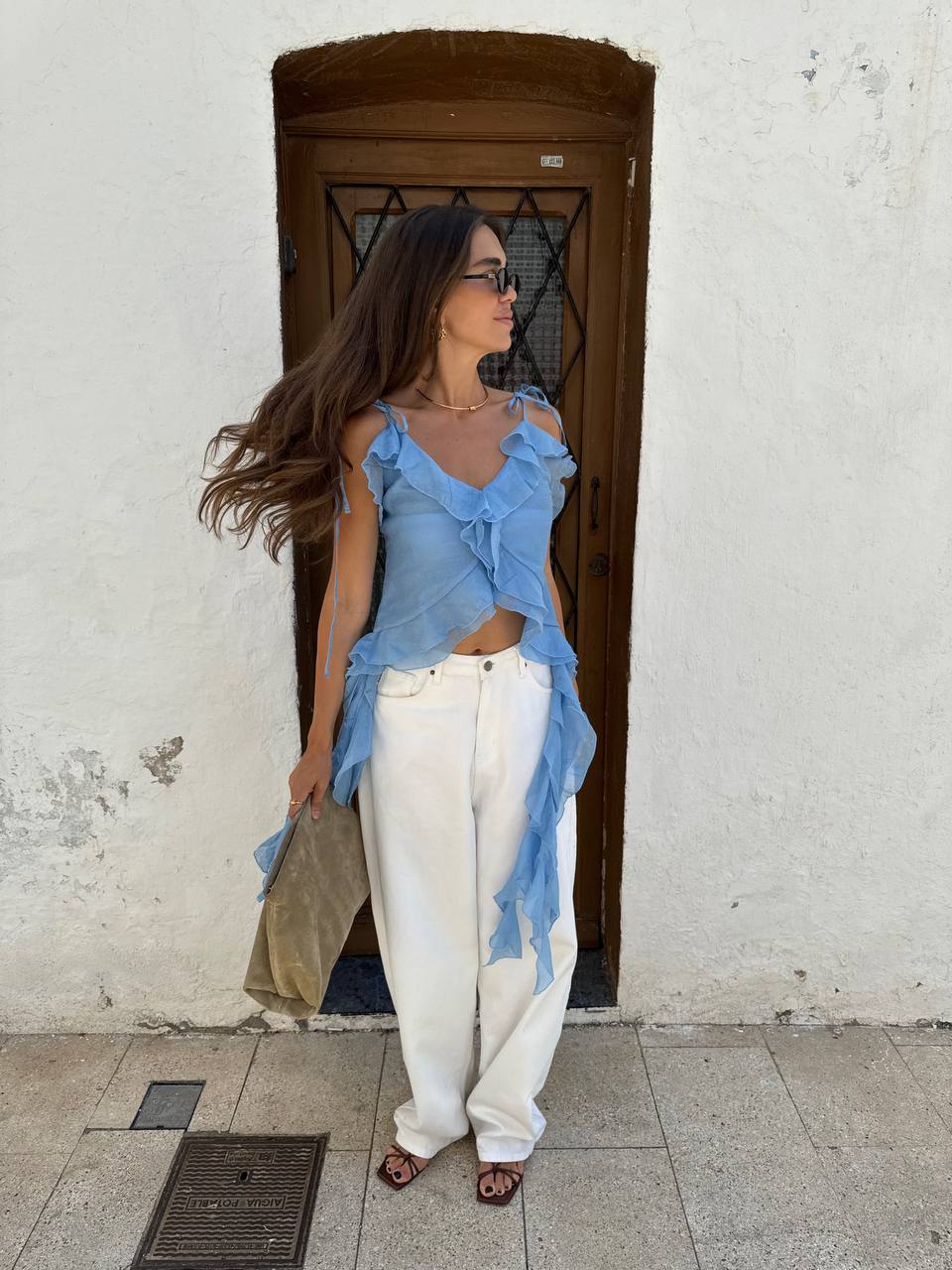 Chiffon Top with Ruffles and Flounces, Light Blue — lifestyle — SHEVCHENKO