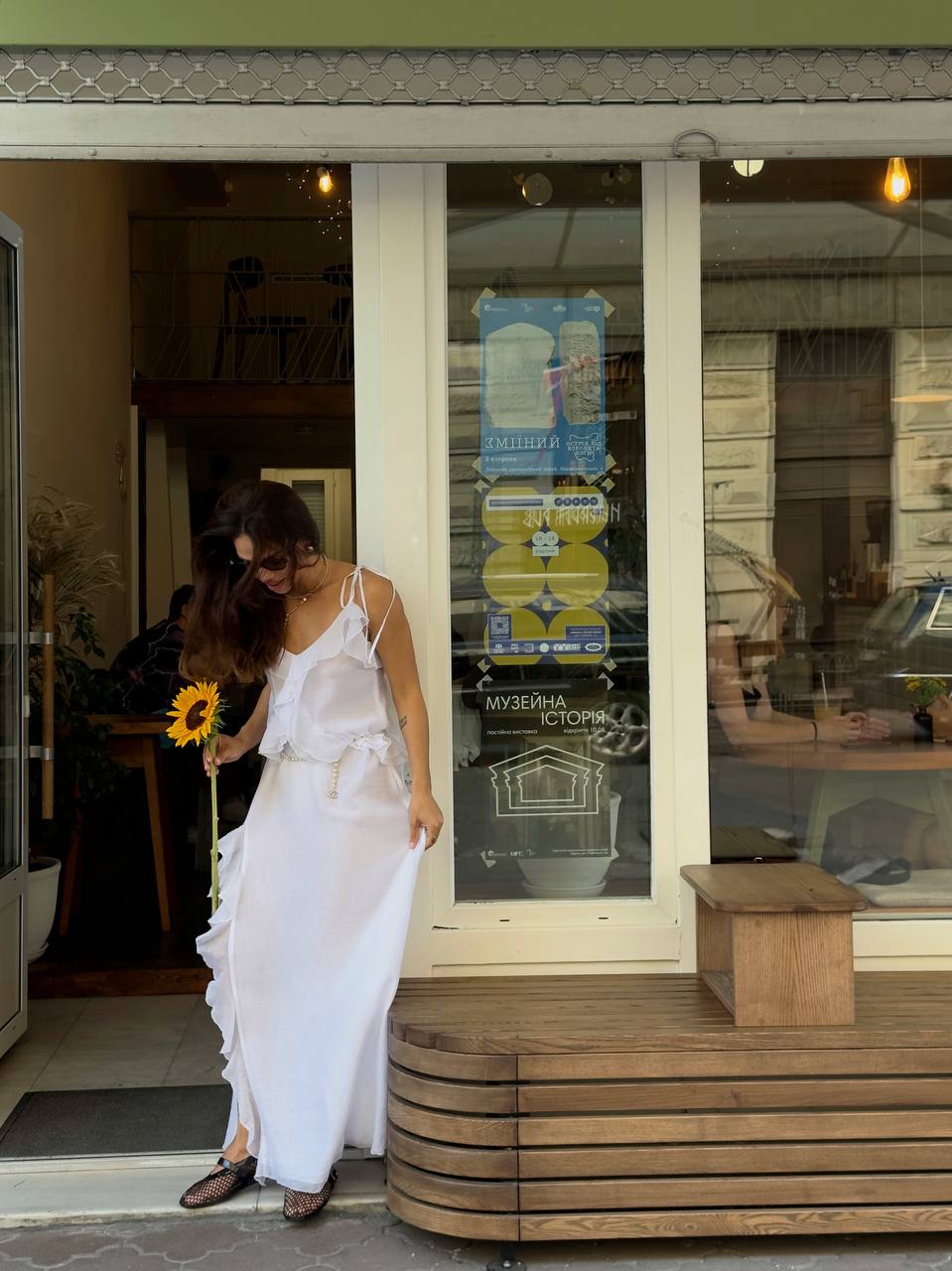 Chiffon Dress with Ruffles and Flounces, White — lifestyle — SHEVCHENKO