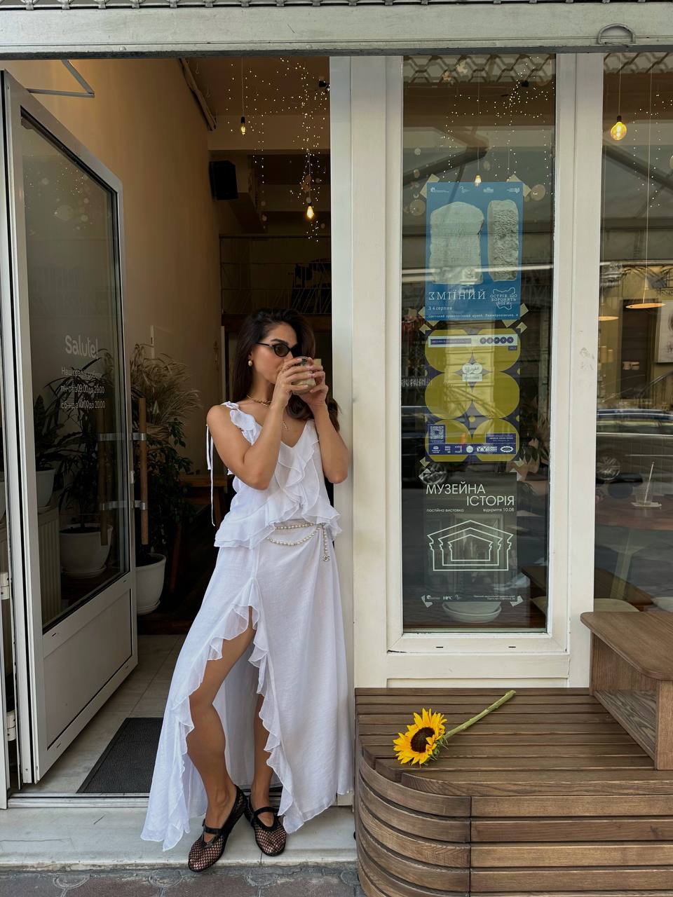 Chiffon Dress with Ruffles and Flounces, White — look — SHEVCHENKO
