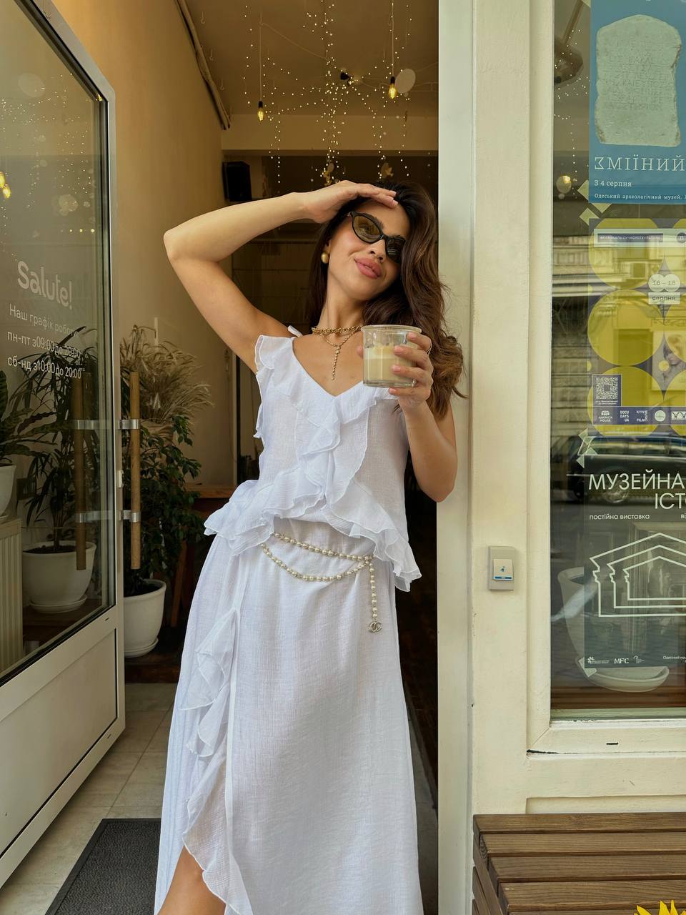 Chiffon Dress with Ruffles and Flounces, White — lifestyle — SHEVCHENKO
