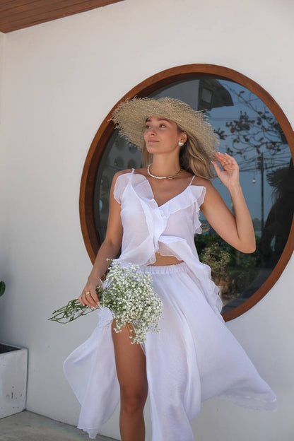 Chiffon Top with Ruffles and Flounces, White — lifestyle — SHEVCHENKO