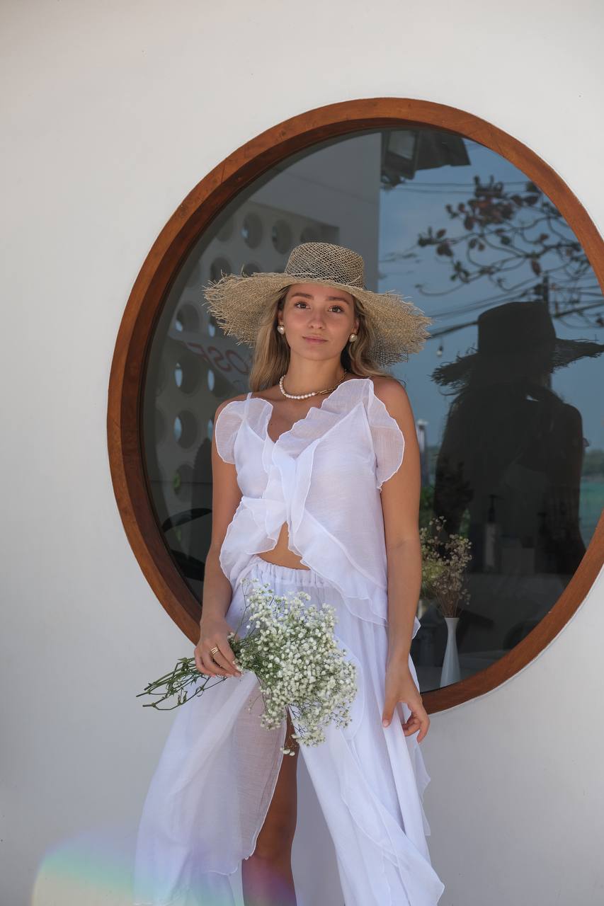 Chiffon Top with Ruffles and Flounces, White — lifestyle — SHEVCHENKO