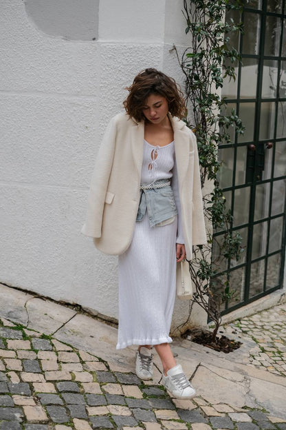 Dress with Asymmetric Hem, White — lifestyle — SHEVCHENKO