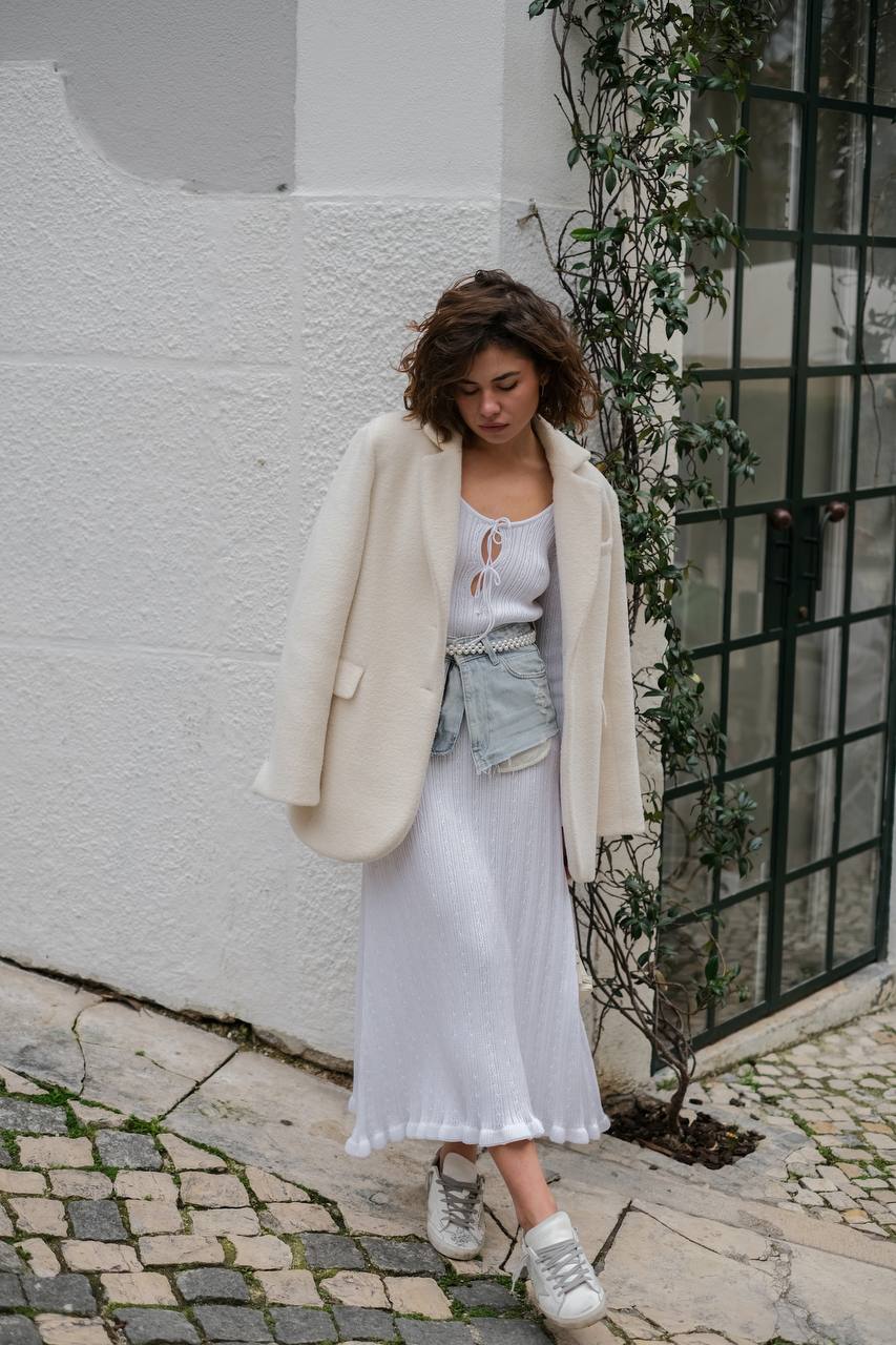 Dress with Asymmetric Hem, White — lifestyle — SHEVCHENKO