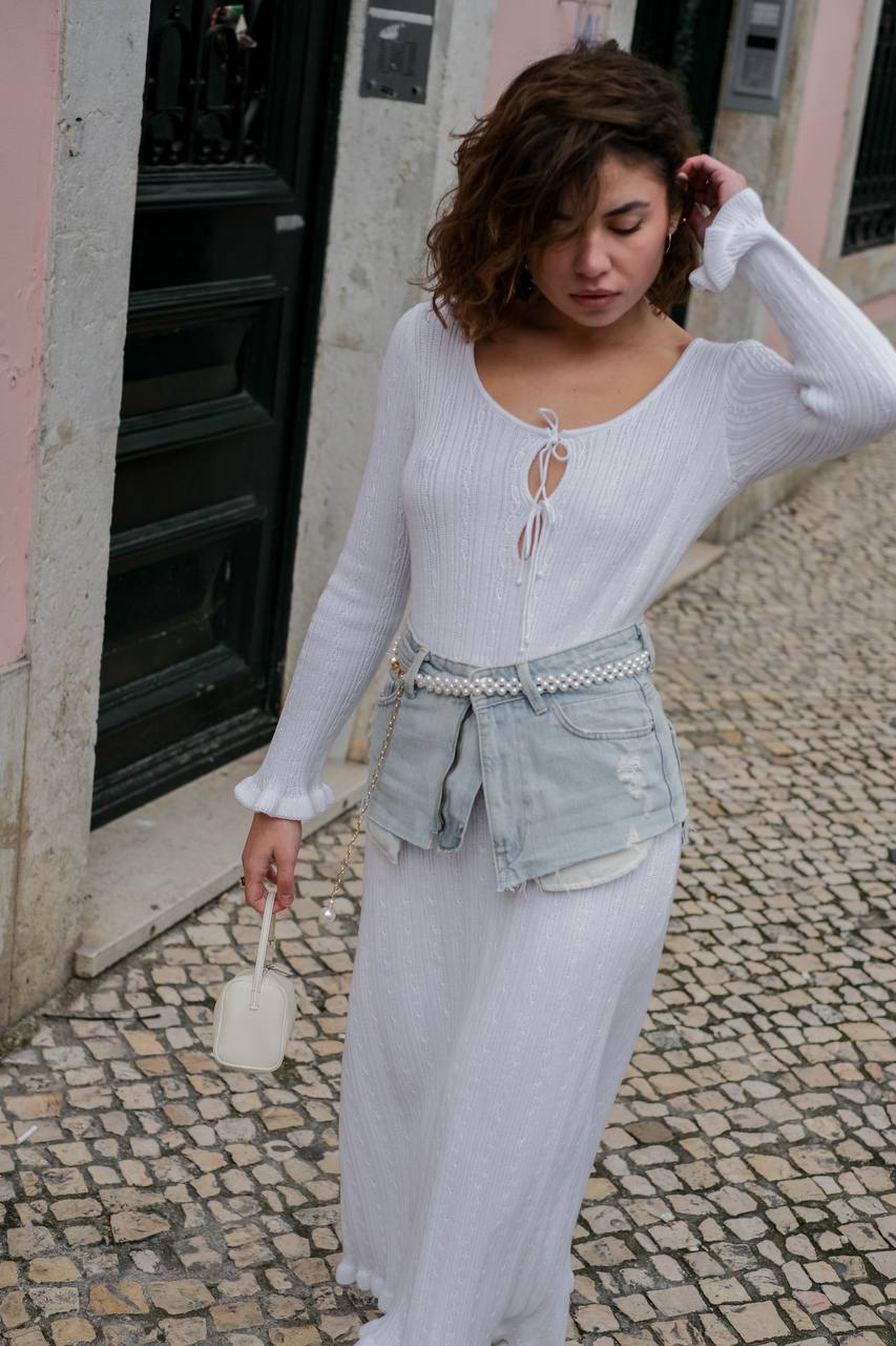Dress with Asymmetric Hem, White — side — SHEVCHENKO