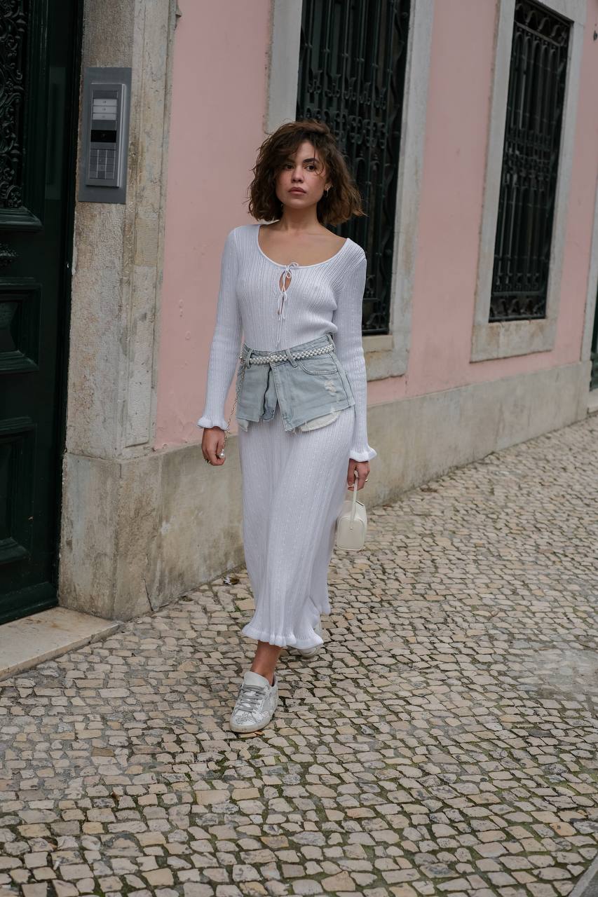 Dress with Asymmetric Hem, White — front — SHEVCHENKO