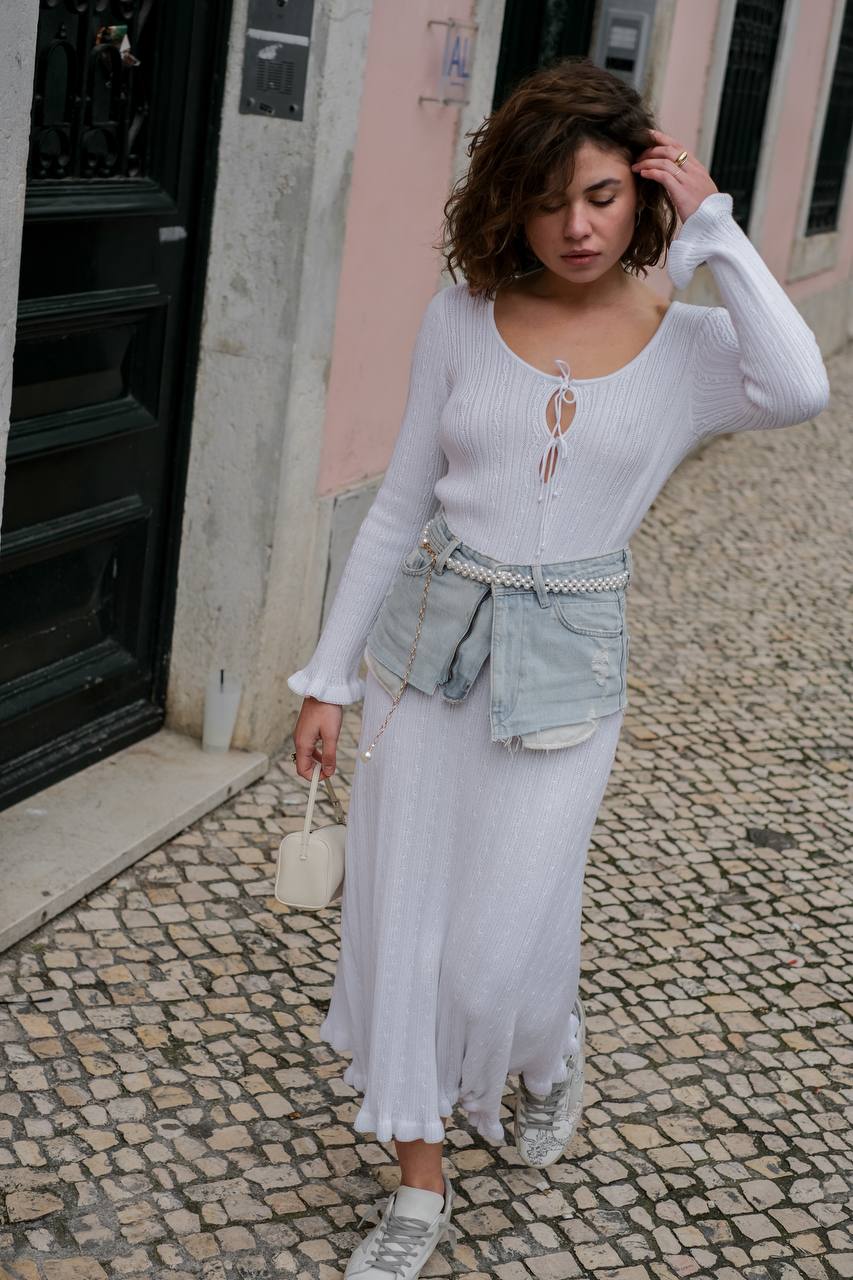 Dress with Asymmetric Hem, White — lifestyle — SHEVCHENKO