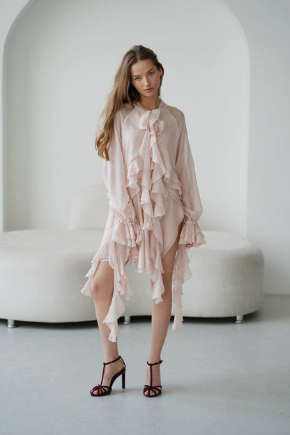 Chiffon Mini Skirt, Pearl — front — SHEVCHENKO
