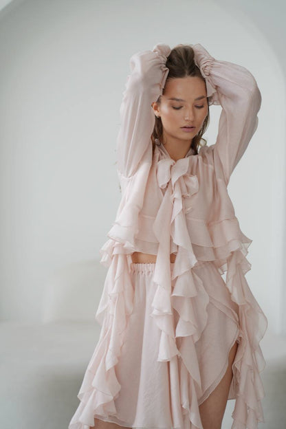 Chiffon Mini Skirt, Pearl — detail — SHEVCHENKO