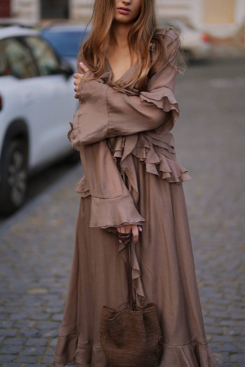 Long-Sleeve Chiffon Dress, Caramel — look — SHEVCHENKO
