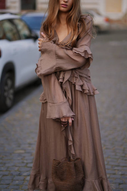 Long-Sleeve Chiffon Dress, Caramel — look — SHEVCHENKO