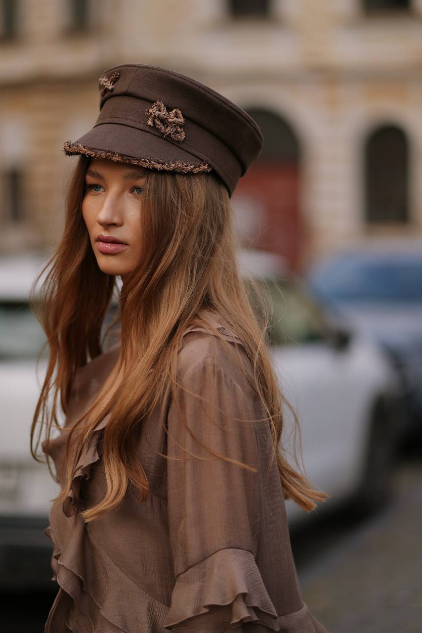 Long-Sleeve Chiffon Dress, Caramel — lifestyle — SHEVCHENKO