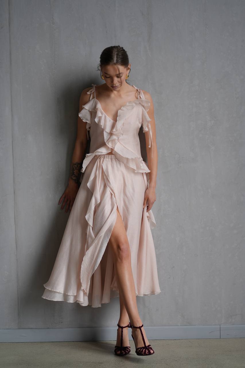 Chiffon Top with Ruffles and Flounces, Pearl Pink — detail — SHEVCHENKO