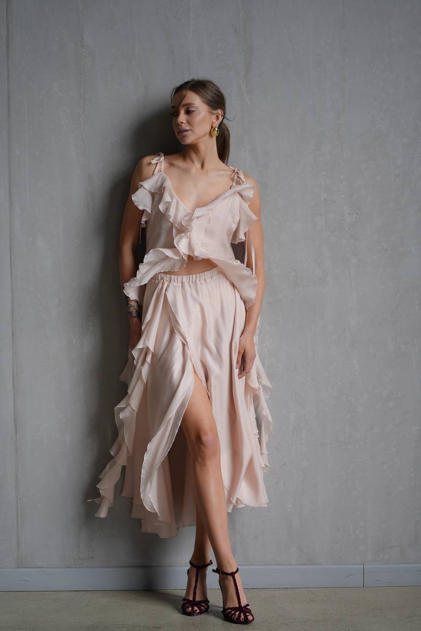 Chiffon Top with Ruffles and Flounces, Pearl Pink — look — SHEVCHENKO