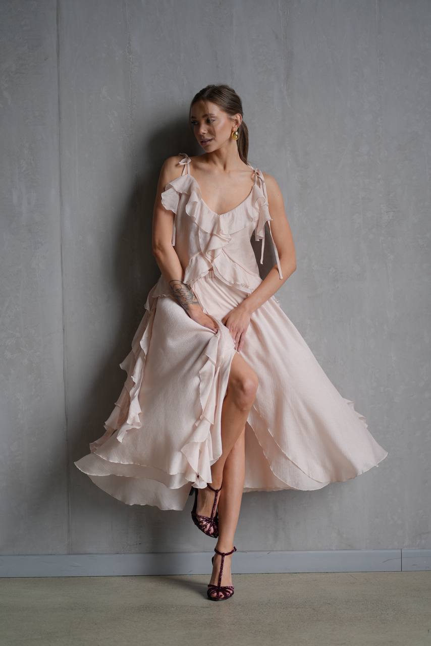 Chiffon Top with Ruffles and Flounces, Pearl Pink — lifestyle — SHEVCHENKO