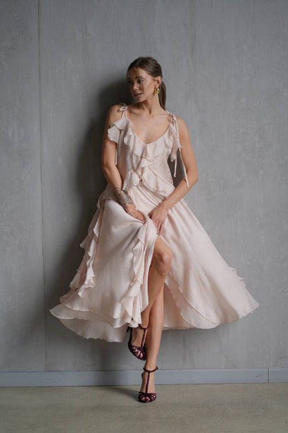 Chiffon Top with Ruffles and Flounces, Pearl Pink — lifestyle — SHEVCHENKO