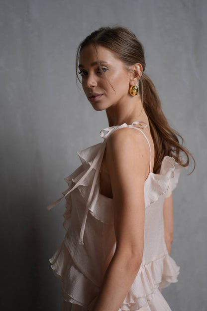 Chiffon Top with Ruffles and Flounces, Pearl Pink — lifestyle — SHEVCHENKO