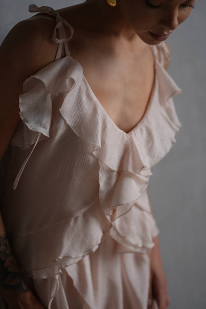 Chiffon Top with Ruffles and Flounces, Pearl Pink — lifestyle — SHEVCHENKO