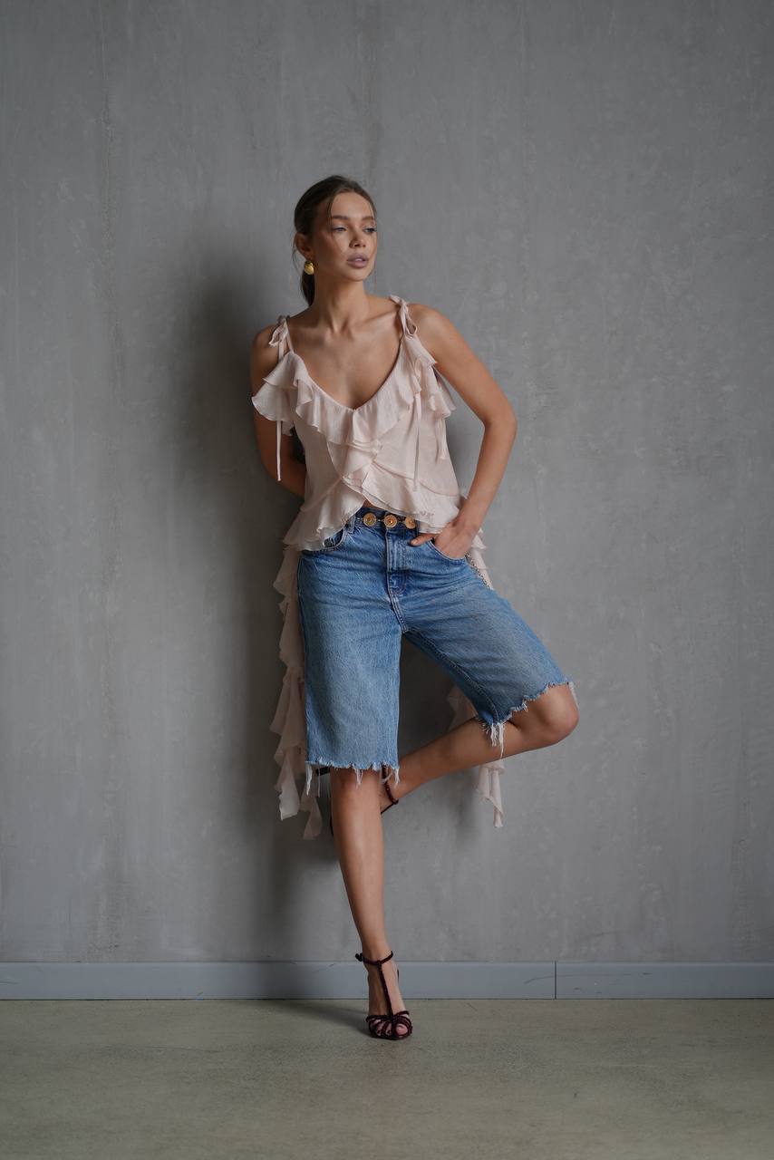 Chiffon Top with Ruffles and Flounces, Pearl Pink — lifestyle — SHEVCHENKO