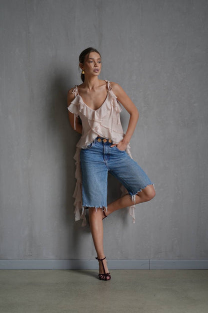 Chiffon Top with Ruffles and Flounces, Pearl Pink — lifestyle — SHEVCHENKO