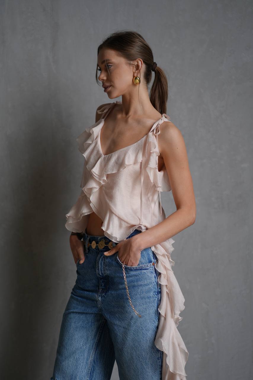 Chiffon Top with Ruffles and Flounces, Pearl Pink — lifestyle — SHEVCHENKO