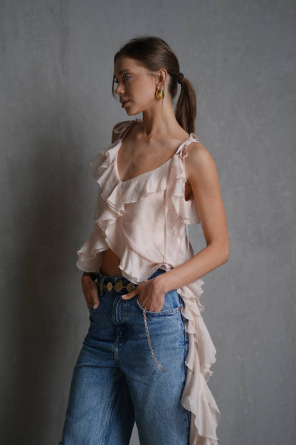 Chiffon Top with Ruffles and Flounces, Pearl Pink — lifestyle — SHEVCHENKO
