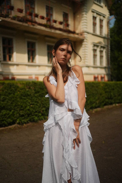 Chiffon Midi Skirt, White — detail — SHEVCHENKO