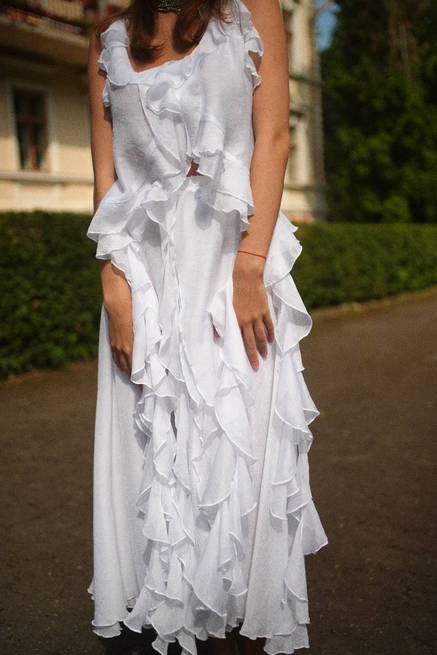 Chiffon Midi Skirt, White — side — SHEVCHENKO