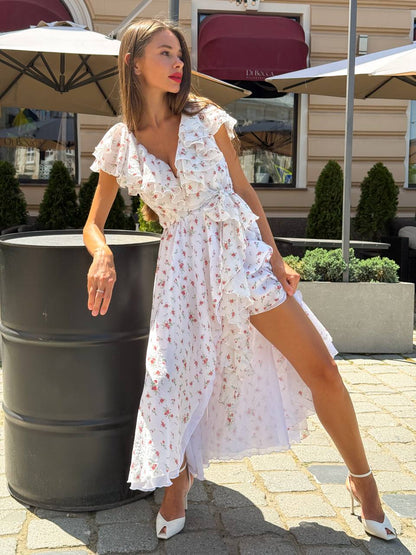 Wrap Chiffon Dress with Floral Print — lifestyle — SHEVCHENKO